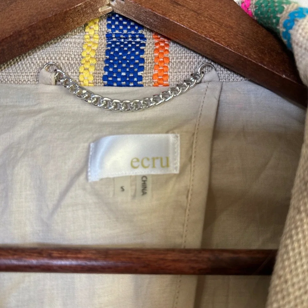 EUC‎ ecru Blazer Striped Fringe Hem Size S Tan Multicolor Boho Festival